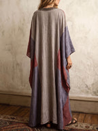 Women's Retro Geometric Print V-neck Long-sleeve Casual Loose Cotton-linen Dress
