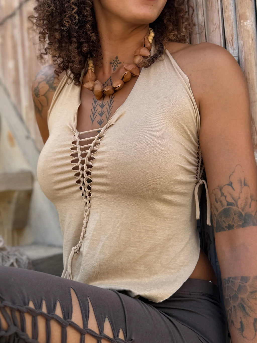 Boho Halter Neck V-Shaped Braided Lace-Up Hollow Out Elf Leaf Top