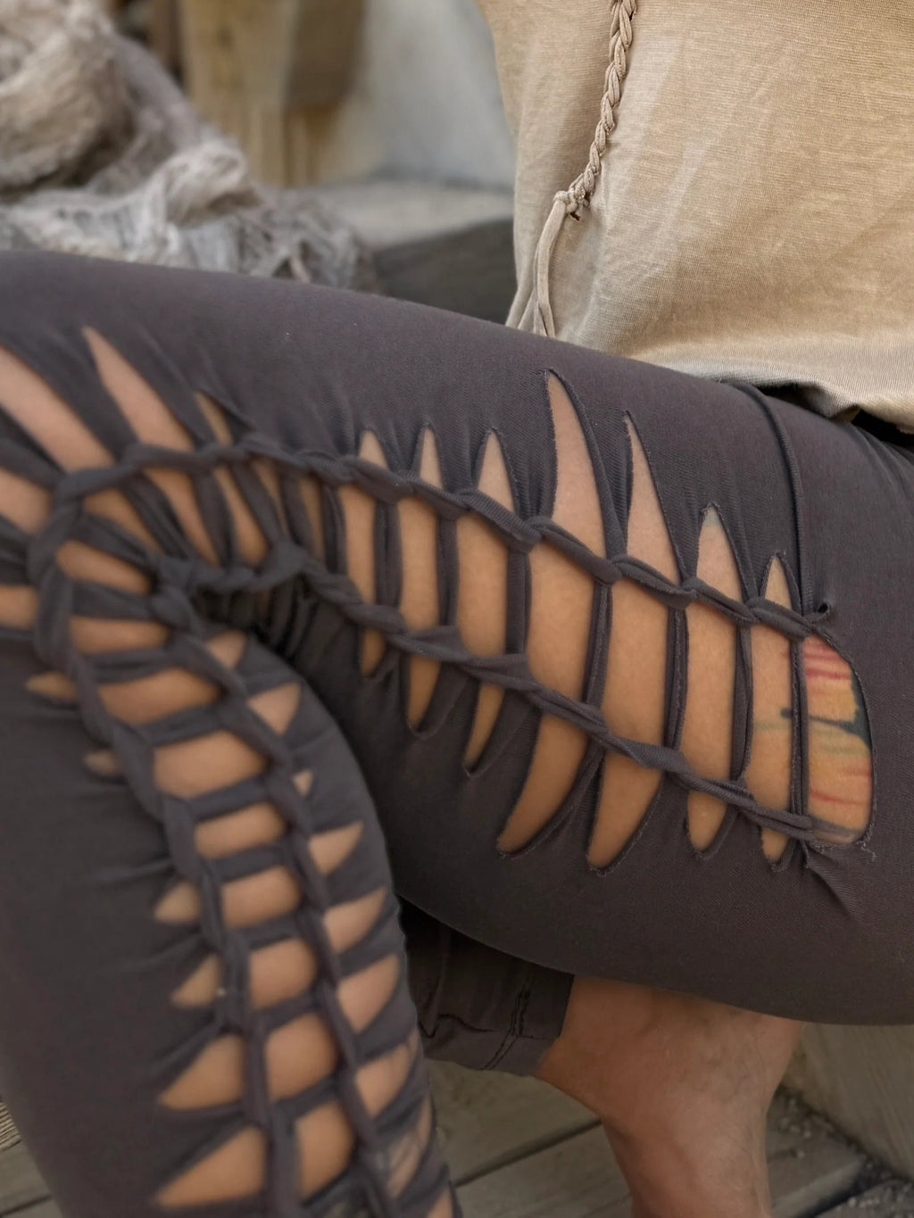 Bohemian Artisanal Hand-Braided Hollow Out High Waist Stretch Leggings