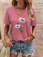Floral Print V Neck T-shirt, Casual Short Sleeve T-shirt For Summer, Women's Clothing