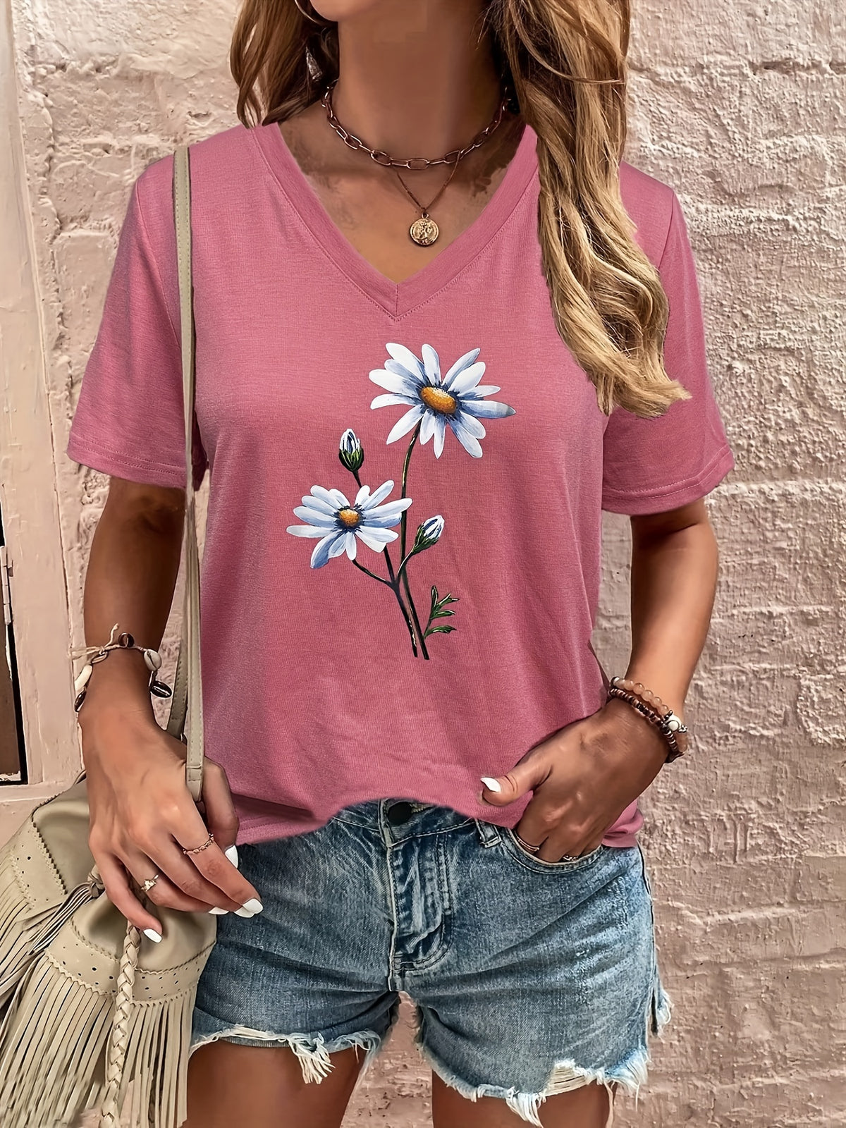 Floral Print V Neck T-shirt, Casual Short Sleeve T-shirt For Summer, Women's Clothing