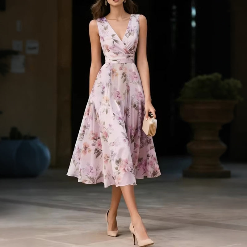Elegant Floral Print V-neck Sleeveless Flowy Midi Dress