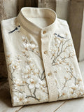 Vintage White Blossoms & Birds Art Pattern Cozy Linen Shirt