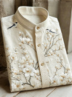 Vintage White Blossoms & Birds Art Pattern Cozy Linen Shirt