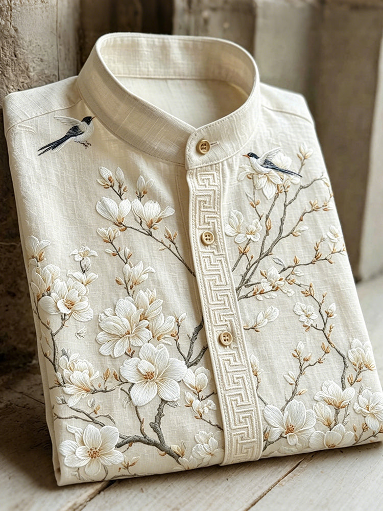 Vintage White Blossoms & Birds Art Pattern Cozy Linen Shirt
