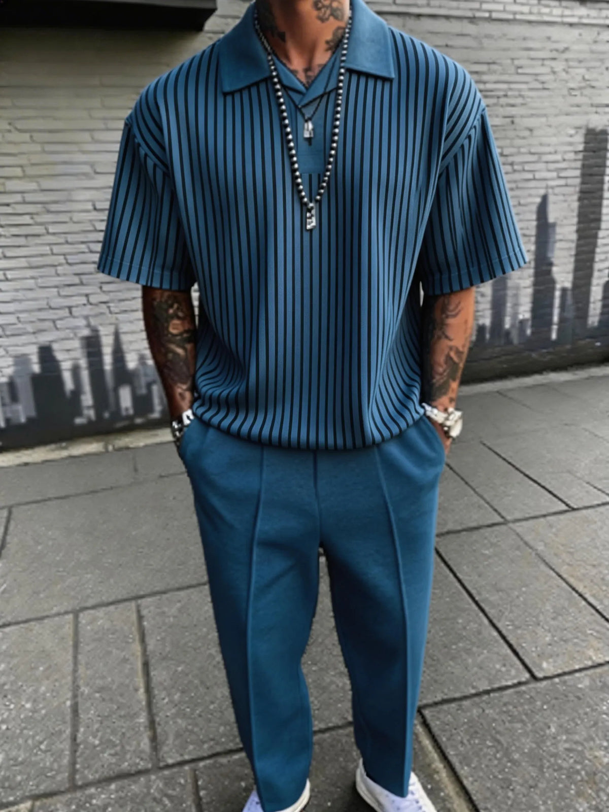 Vertical Striped Polo Shirt and Trousers 2 Piece Set