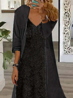 Nextmacys-Women's Long Sleeve V-neck Graphic Printed Two Pieces Maxi Dress