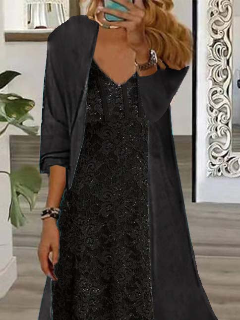Nextmacys-Women's Long Sleeve V-neck Graphic Printed Two Pieces Maxi Dress