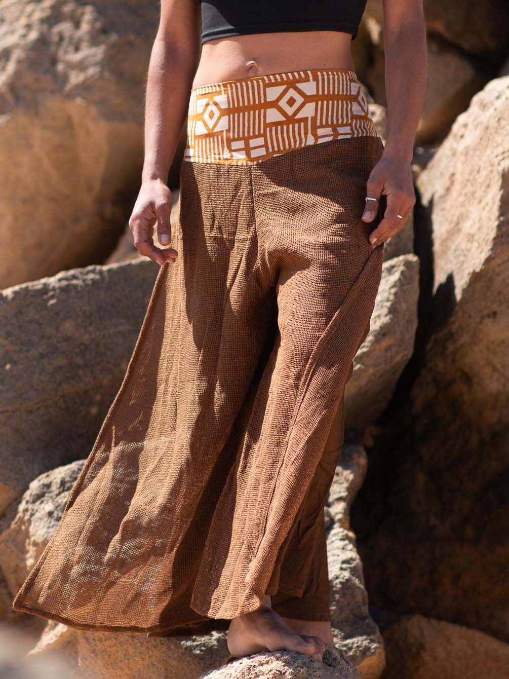 Wide Leg Boho Pants Unisex | Ethnic Cotton Pants Tribal Waistband | Layered Mesh Overlay Trousers