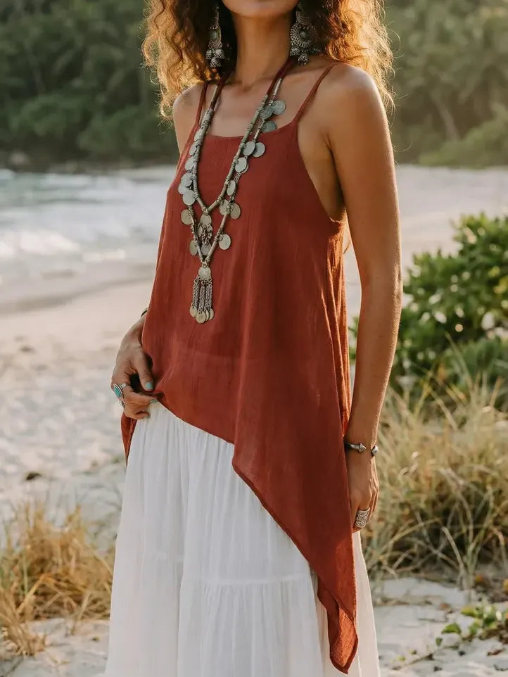 Women's Boho Cotton Cami Top / Flowy Asymmetric Spaghetti Strap Tank