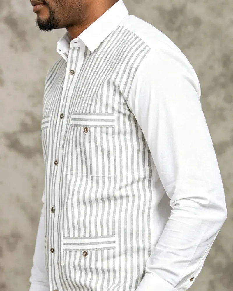 Vintage Color Block Stripe Four-Pocket Long Sleeve Shirt
