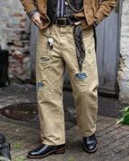 Vintage Khaki Distressed Patchwork Twill Loose Straight Leg Trousers