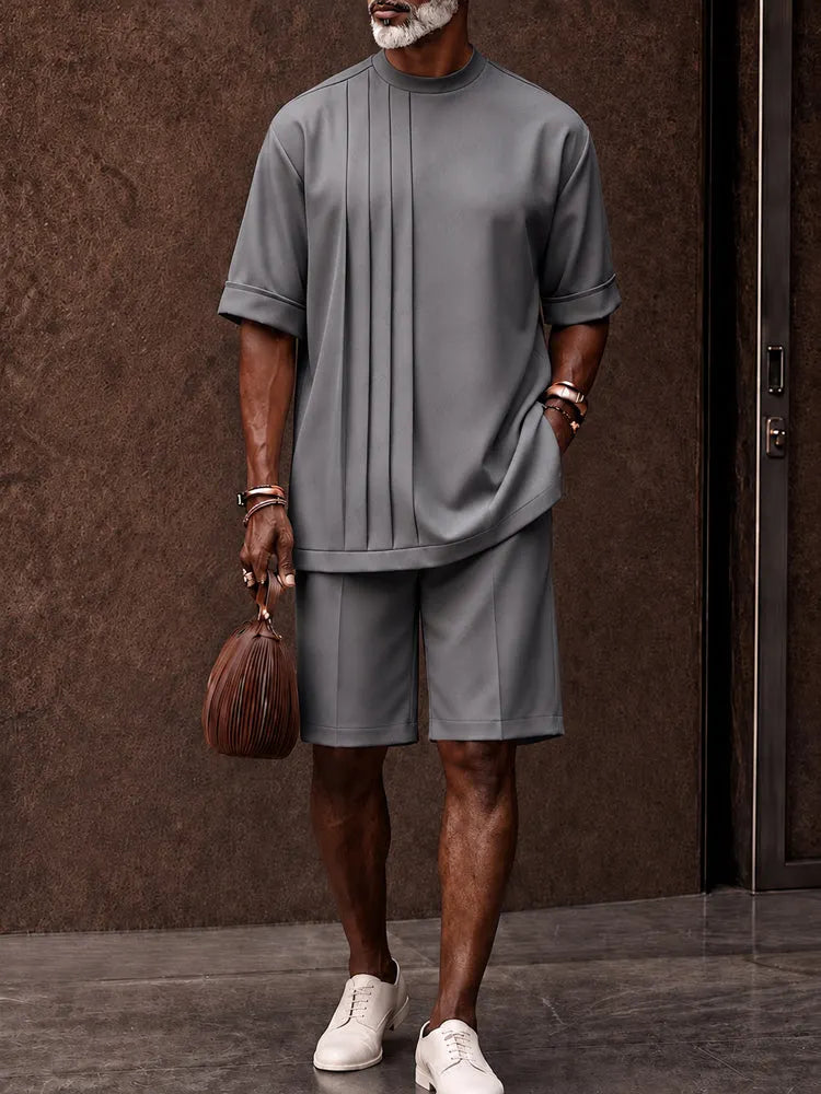 Casual Loose Pleated Front T-Shirt Shorts Set