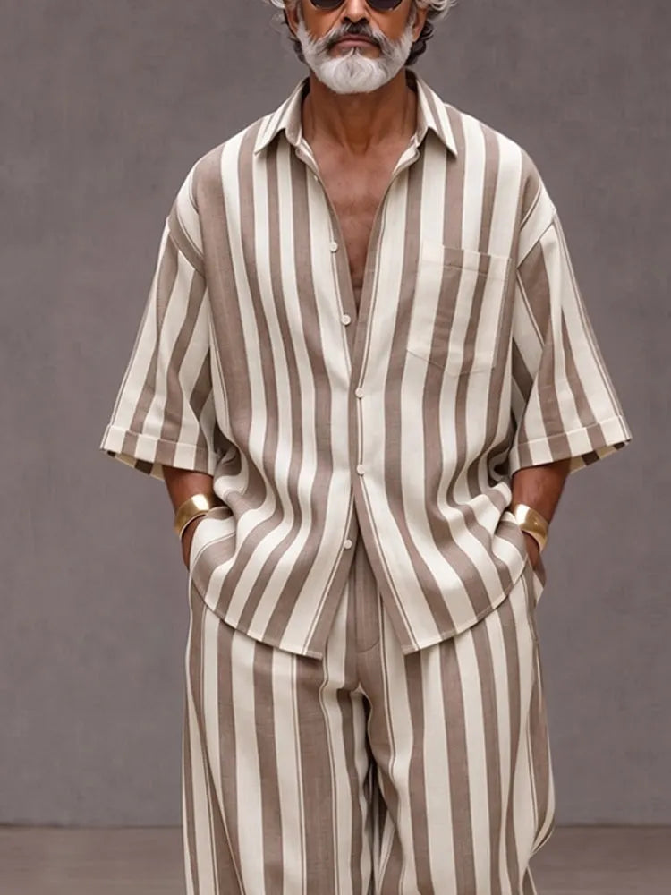 Versatile Loose Fit Wide Striped Shirt Pants Set