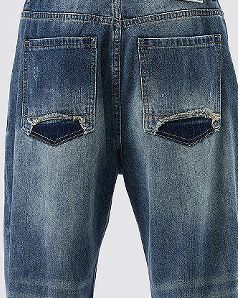 Vintage Faded Patchwork Distressed Loose Work Jeans
