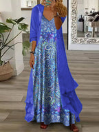 Women's Long Sleeve V-neck Floral Printed Two Pieces Maxi Dress