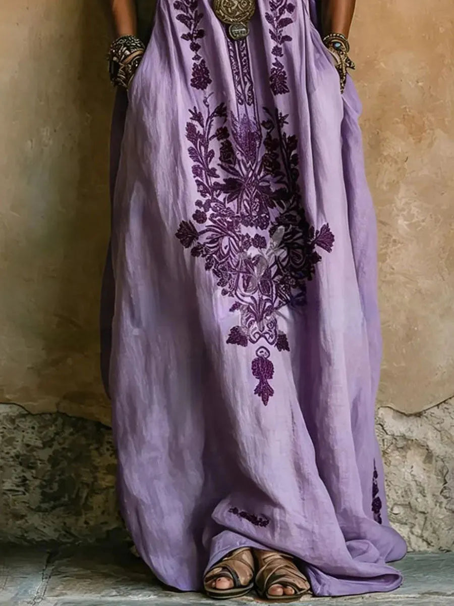 Women's Long Cotton-linen Dress With Embroidered Pattern Print