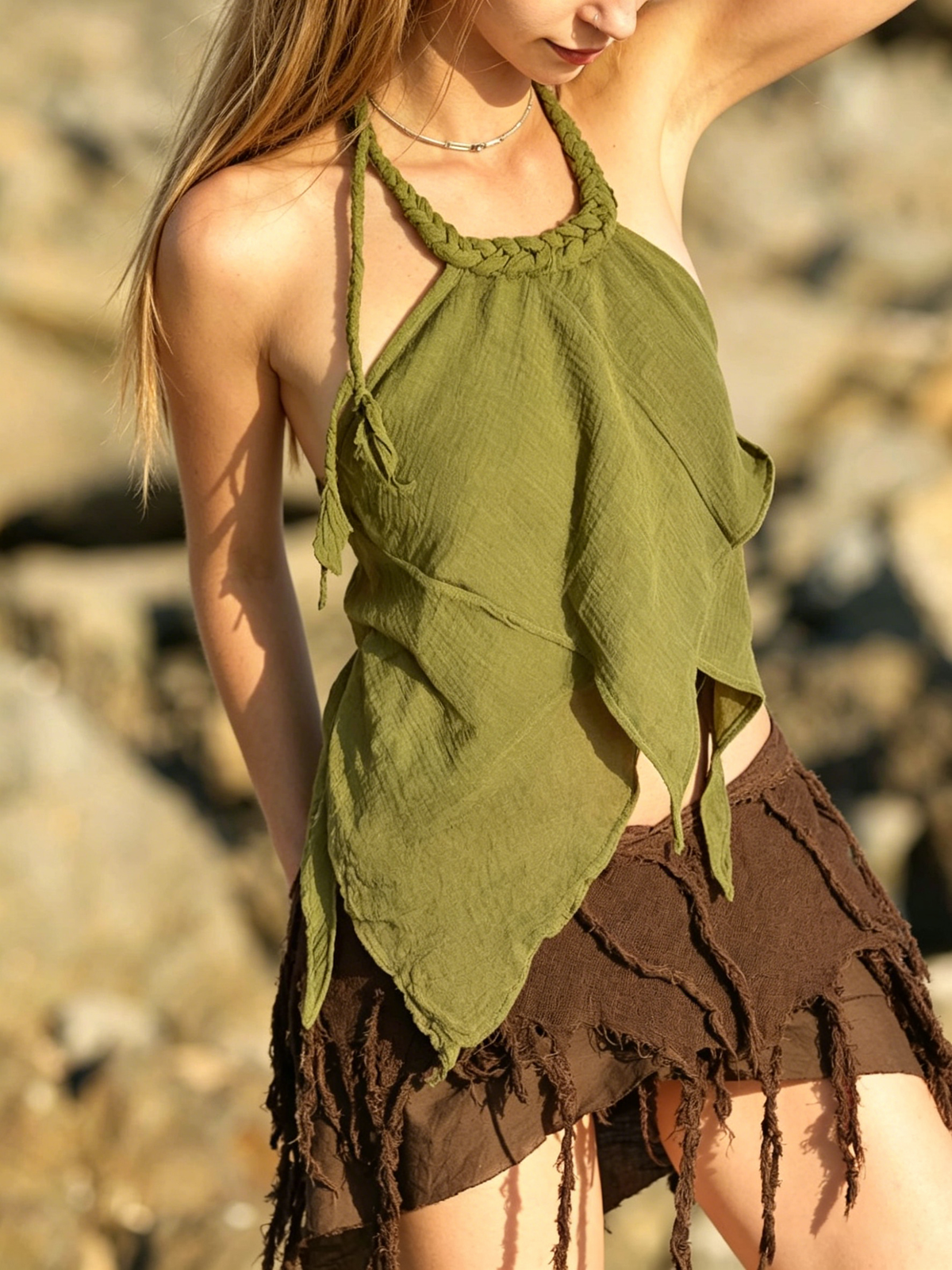 Braided Halter Neck Asymmetric Cotton Linen Top