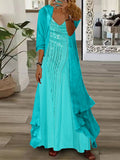 Nextmacys-Women's Long Sleeve V-neck Graphic Printed Two Pieces Maxi Dress