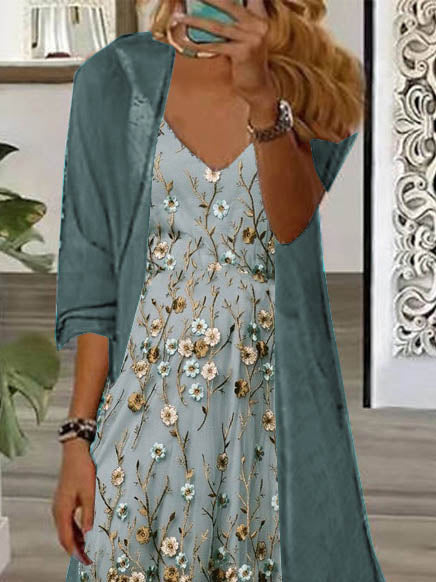 Nextmacys-Women's Long Sleeve V-neck Floral Printed Two Pieces Maxi Dress