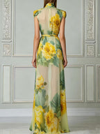 Elegant Yellow Floral Print Chiffon Maxi Dress