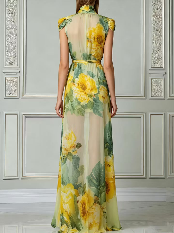 Elegant Yellow Floral Print Chiffon Maxi Dress
