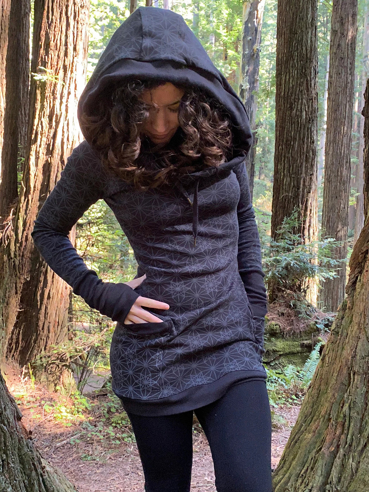 Fitted Sacred Geometry Cowl Hood Long Sleeve Mini Dress with Pockets and Thumbhole Cuffs