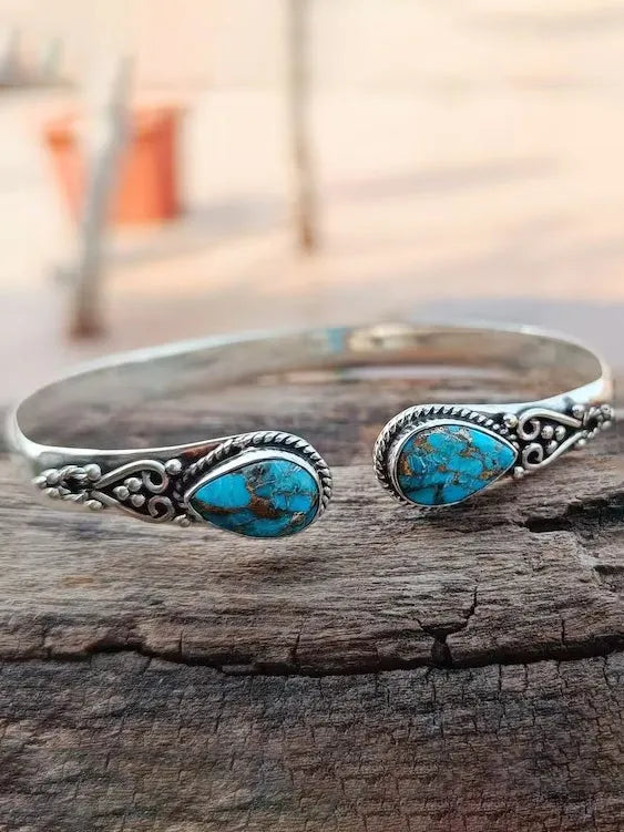 Bohemian Natural Turquoise Vintage Pattern Open Bangle Bracelet
