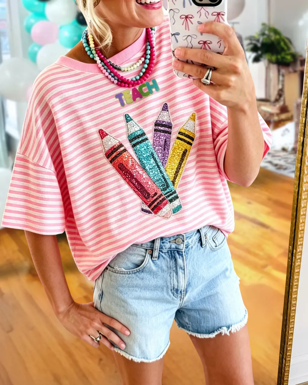 Colorful Crayon Sequin Striped T-shirt