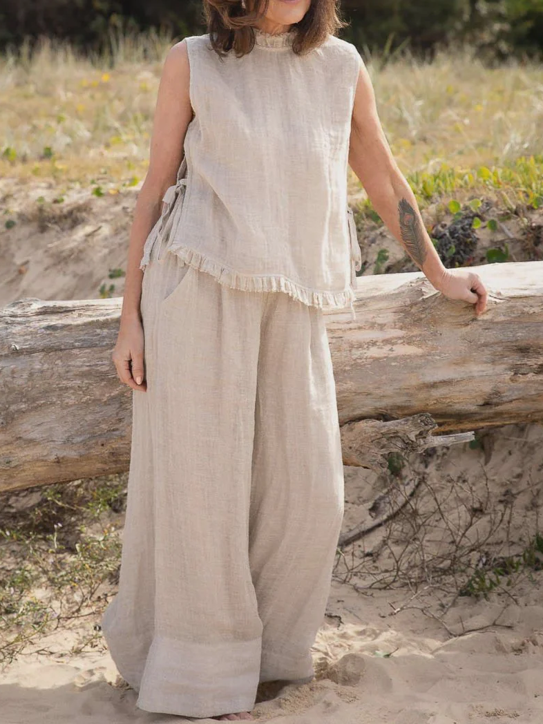 Natural Linen Raw Hem Tie Sleeveless Tank Top