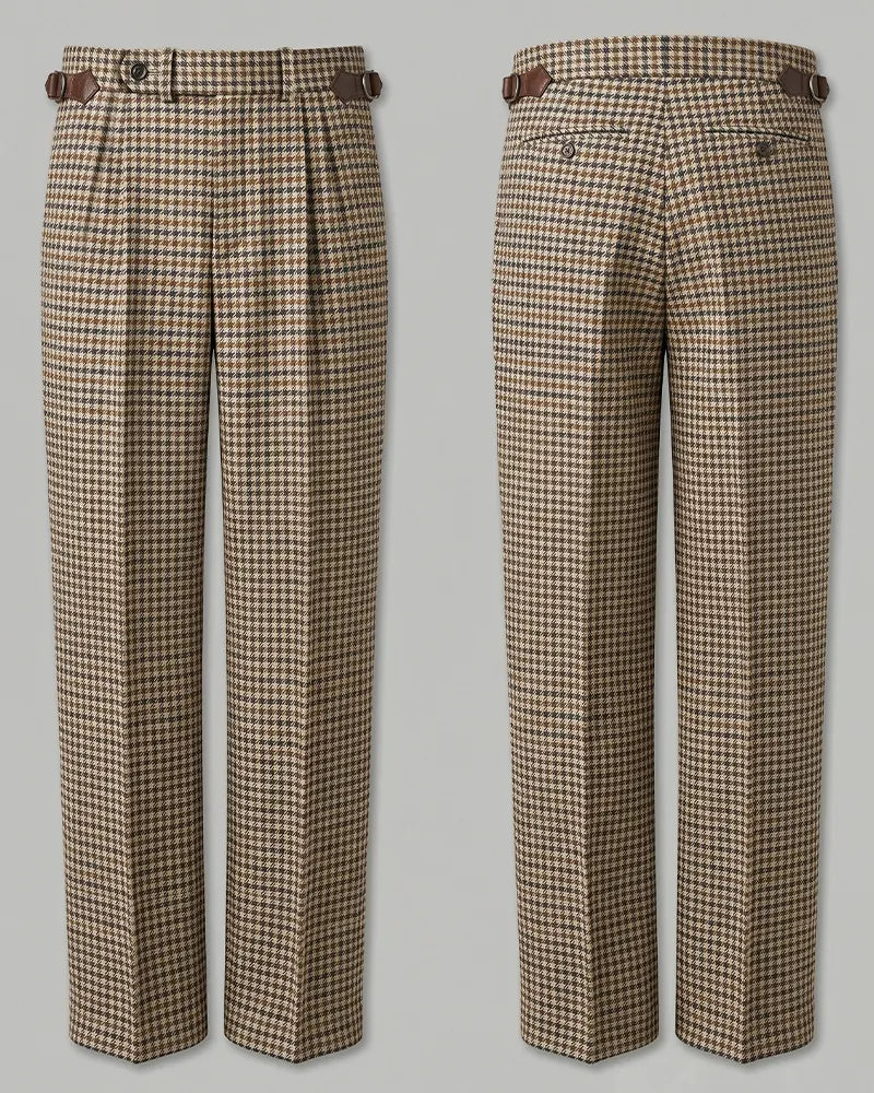 Vintage Brown Houndstooth Straight-leg Casual Pants