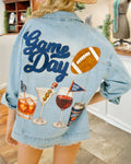 Game Day Embroidered Cocktail Print Denim Jacket