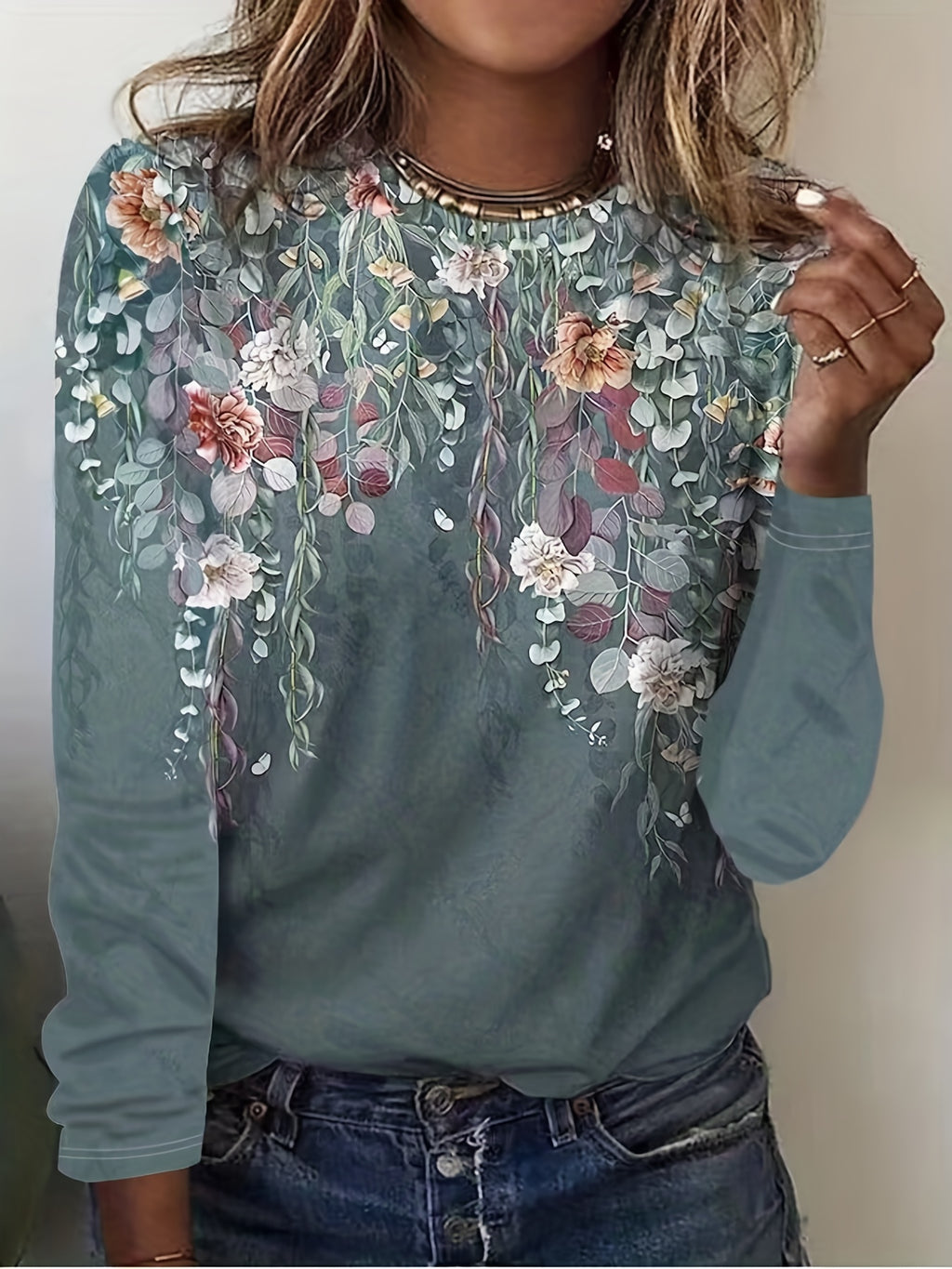 Floral Print Crew Neck T-Shirt, Casual Long Sleeve T-Shirt For Spring & Fall, Women's Clothing