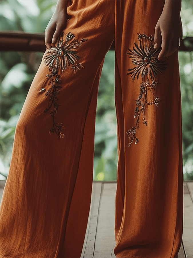 Women's Embroidered Floral Pattern Linen Blend Casual Pants
