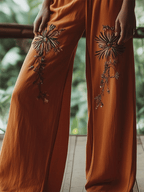 Women's Embroidered Floral Pattern Linen Blend Casual Pants