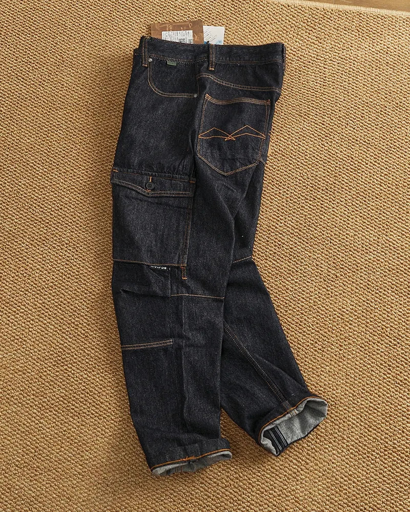 Vintage Raw Indigo Multi-Panel Cargo Straight Leg Denim Jeans
