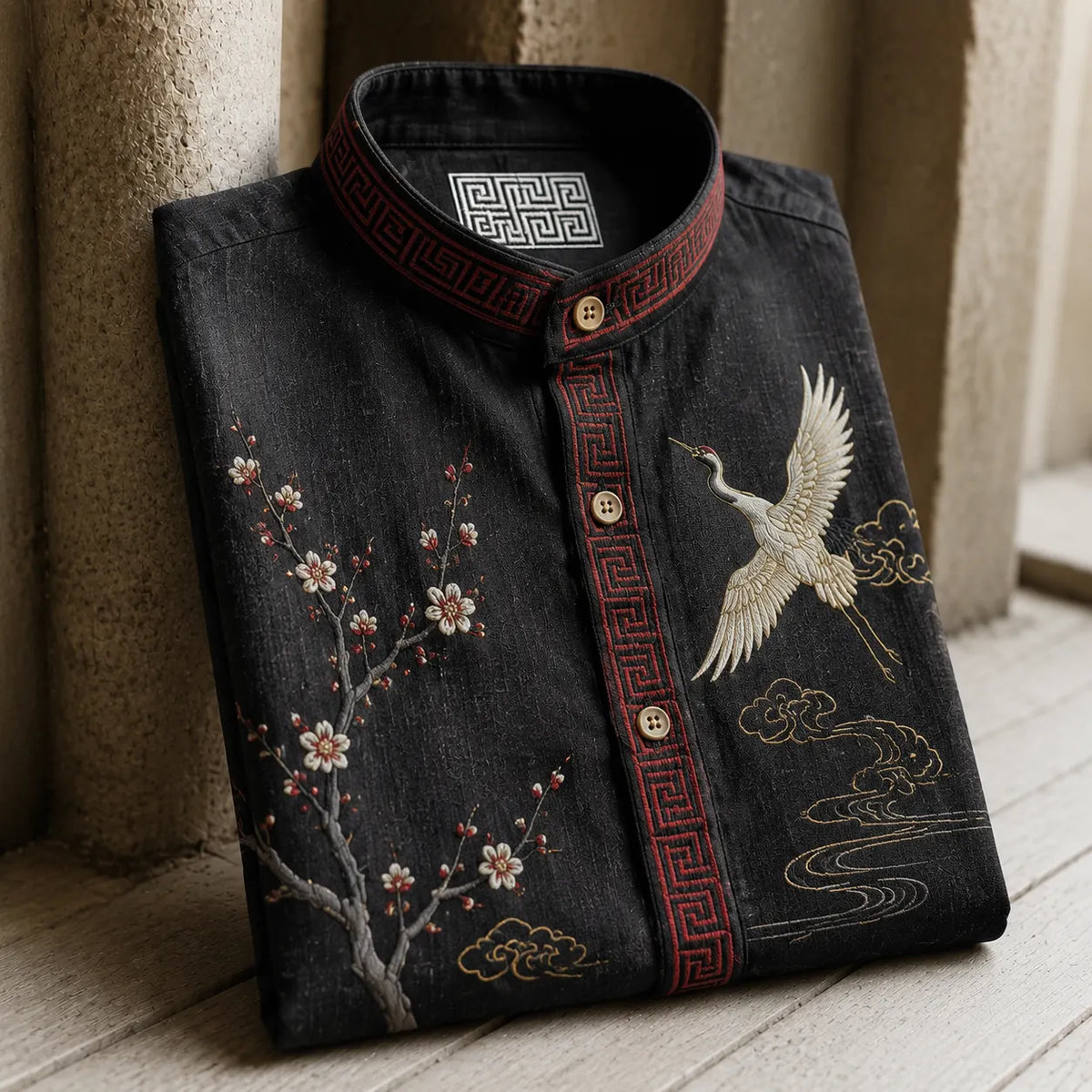 Men's Retro Crane & Plum Blossom Oriental Style Casual Shirt