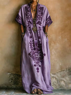 Women's Long Cotton-linen Dress With Embroidered Pattern Print