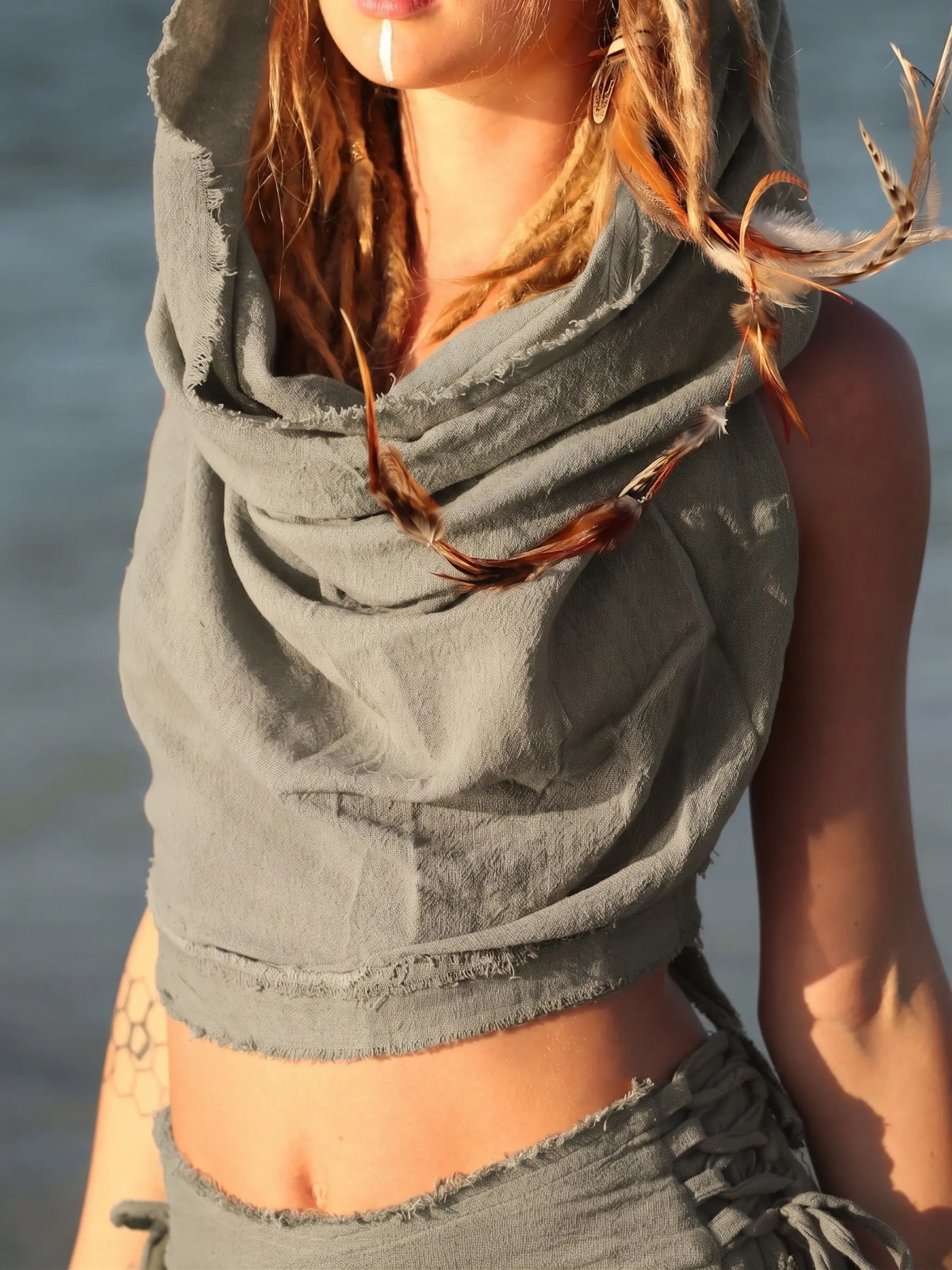 Festival Natural Cotton Hooded Top, Backless Boho Pixie Clothing
