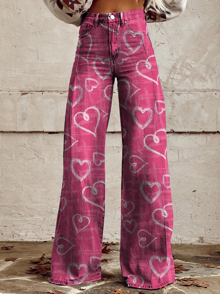 Women's Sweet Hearts Repeat Pattern Printed Casual Wide Leg Pants