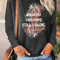 Broken Crayons Print -shirt, Casual Long Sleeve Crew Neck Top For Spring & Fall, Women's Clothing