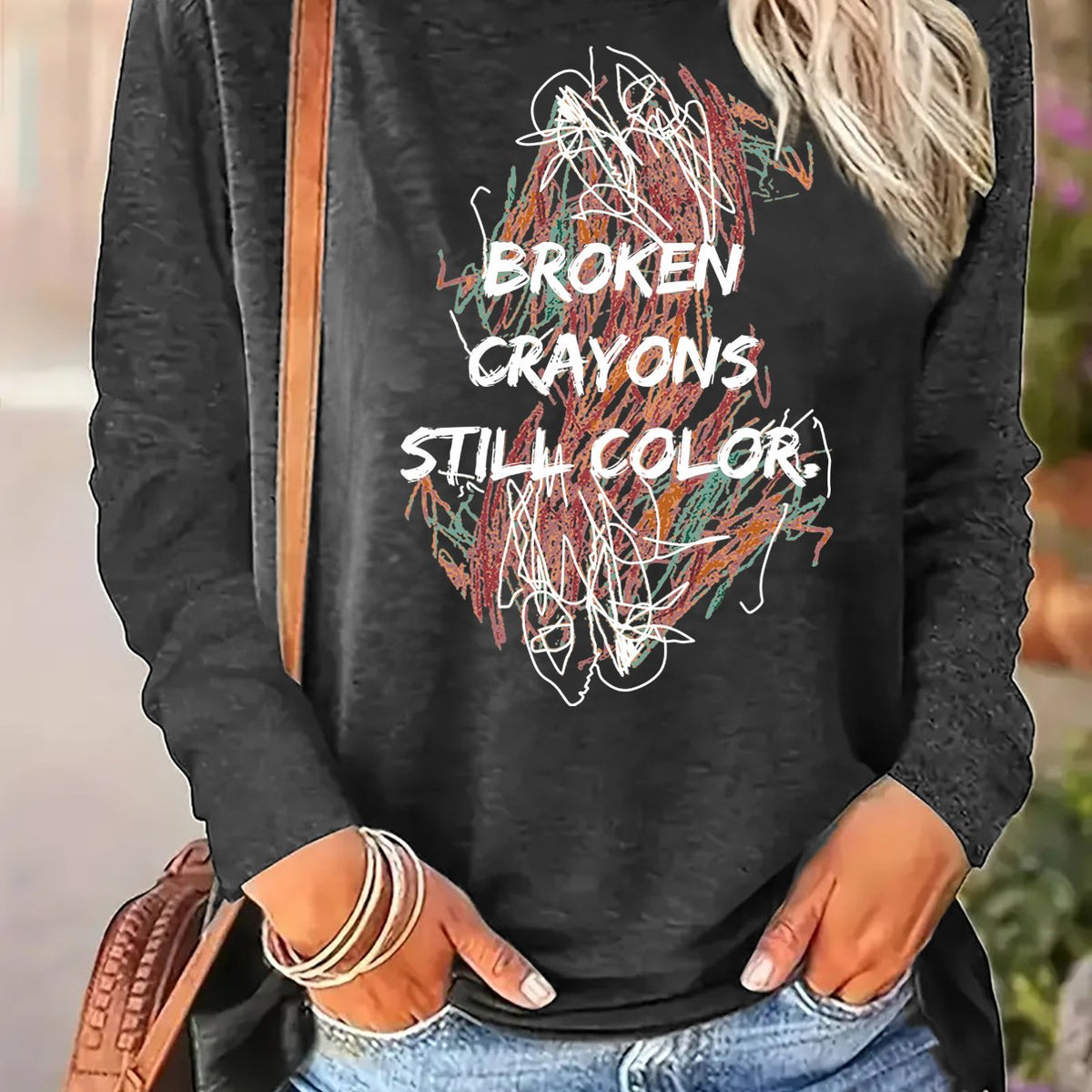 Broken Crayons Print -shirt, Casual Long Sleeve Crew Neck Top For Spring & Fall, Women's Clothing