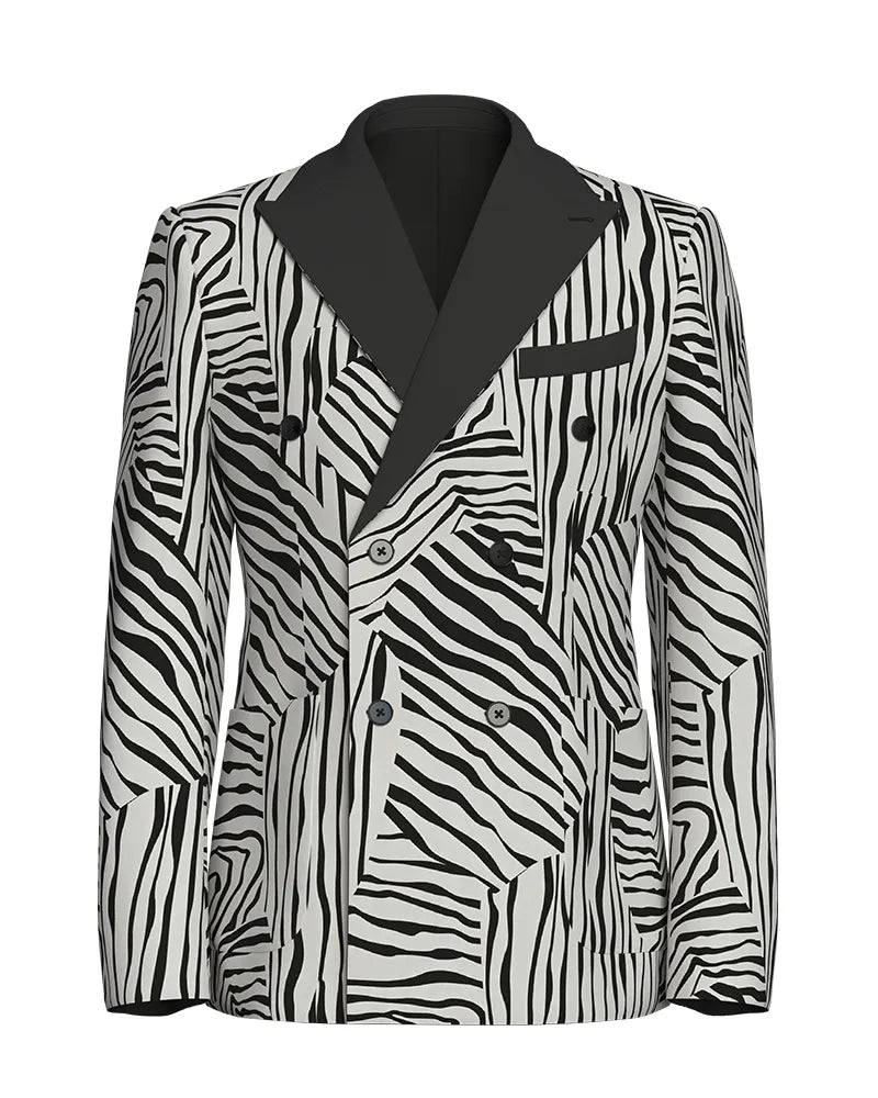 Retro Black And White Color-blocked Zebra Print Double-breasted 2-piece Suit