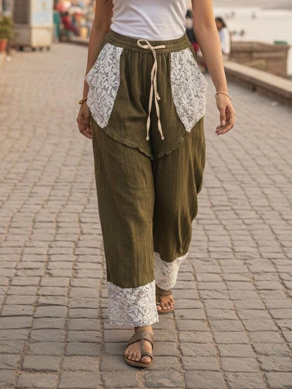 Boho Wide Leg Pants with Lace Panel Detail - Daksh Hrem Pant