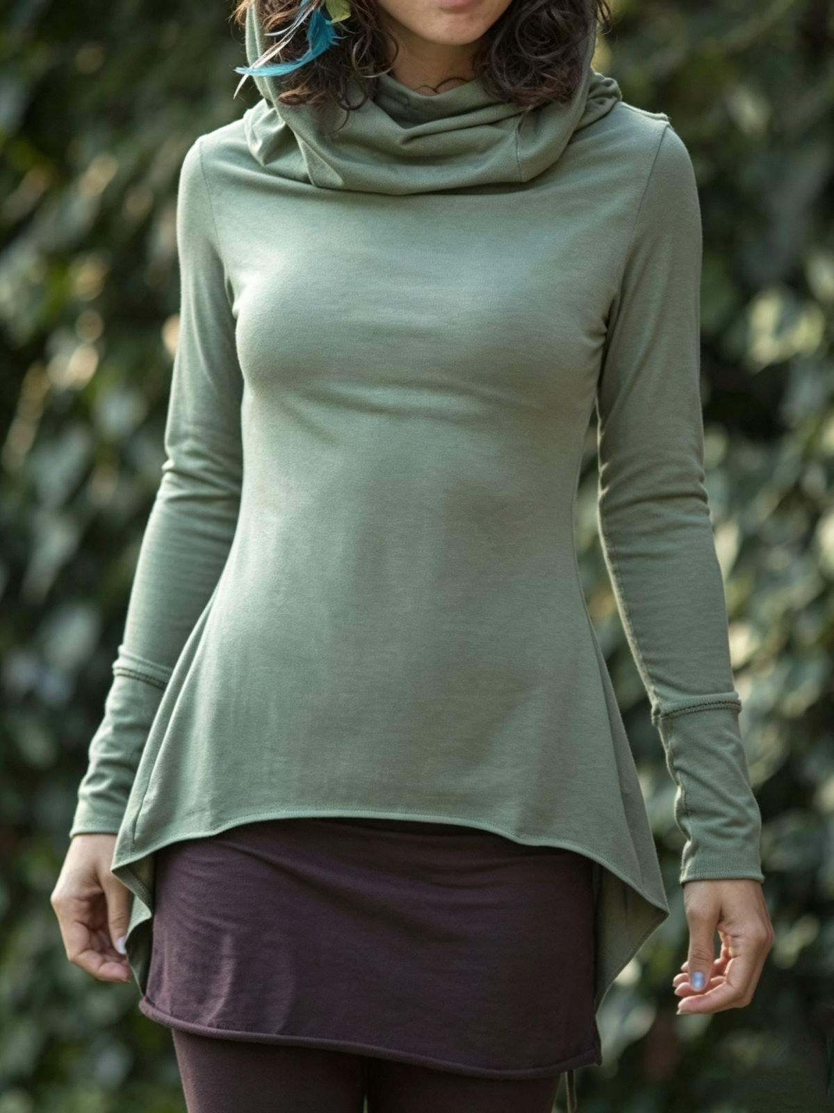 Hooded Cowl Neck Top with Back Lace-Up and Cutout Detail