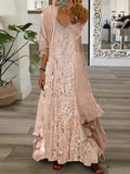 Nextmacys-Women's Long Sleeve V-neck Graphic Printed Two Pieces Maxi Dress