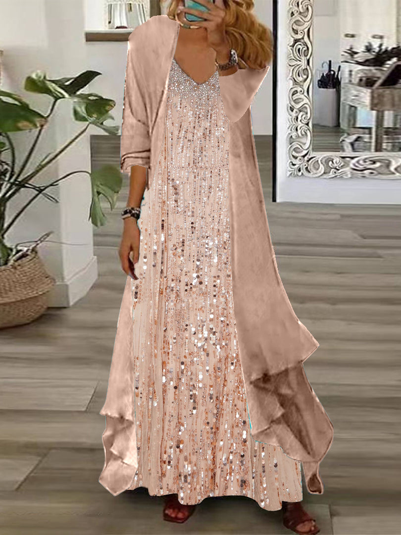 Nextmacys-Women's Long Sleeve V-neck Graphic Printed Two Pieces Maxi Dress