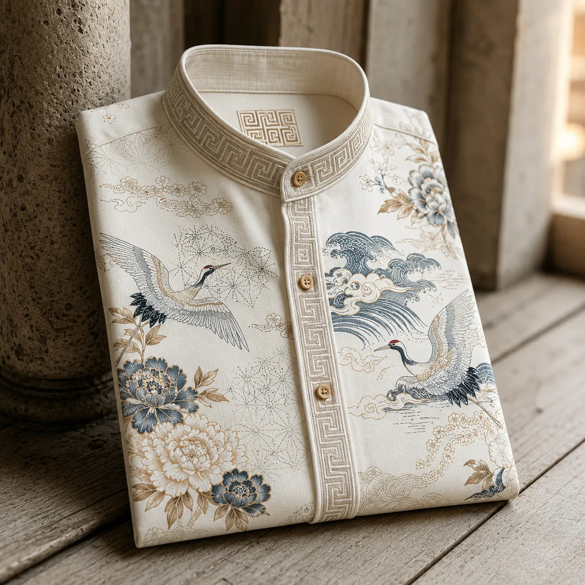 Men's Retro Crane & Peony Oriental Style Print Casual Stand Collar Shirt