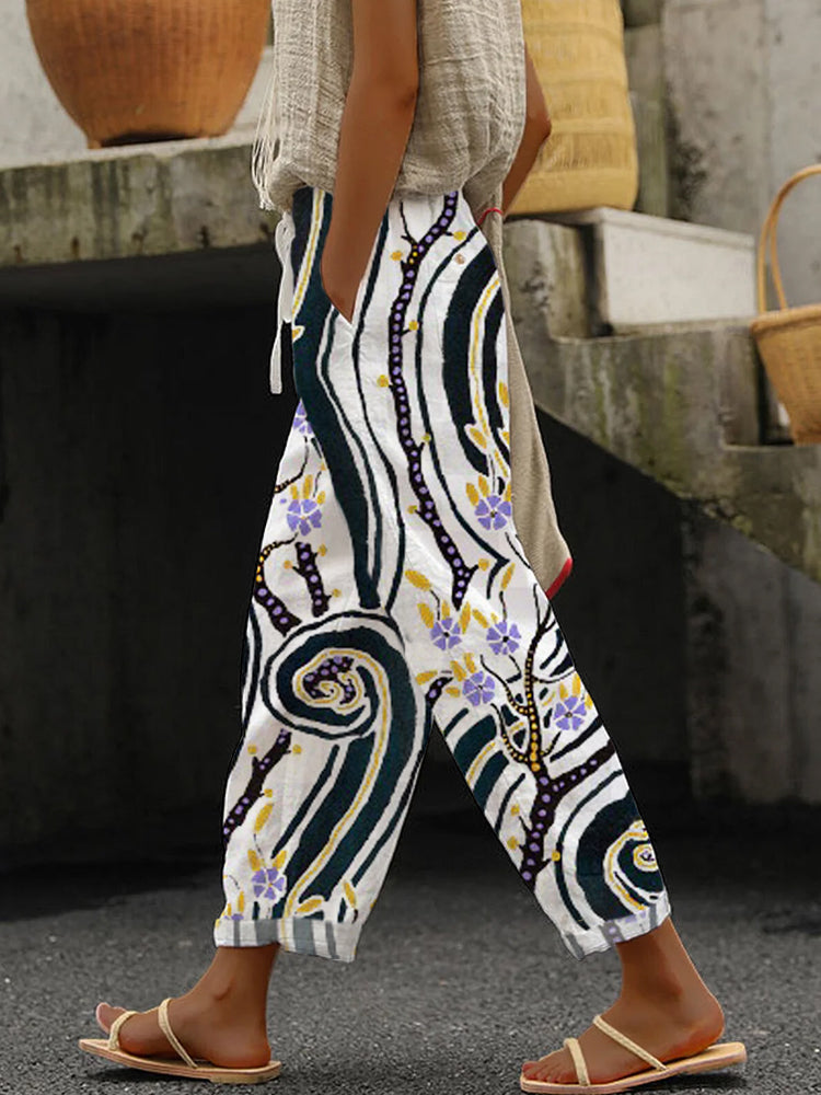 Aesthetic Flower Pattern Women's Linen Pants