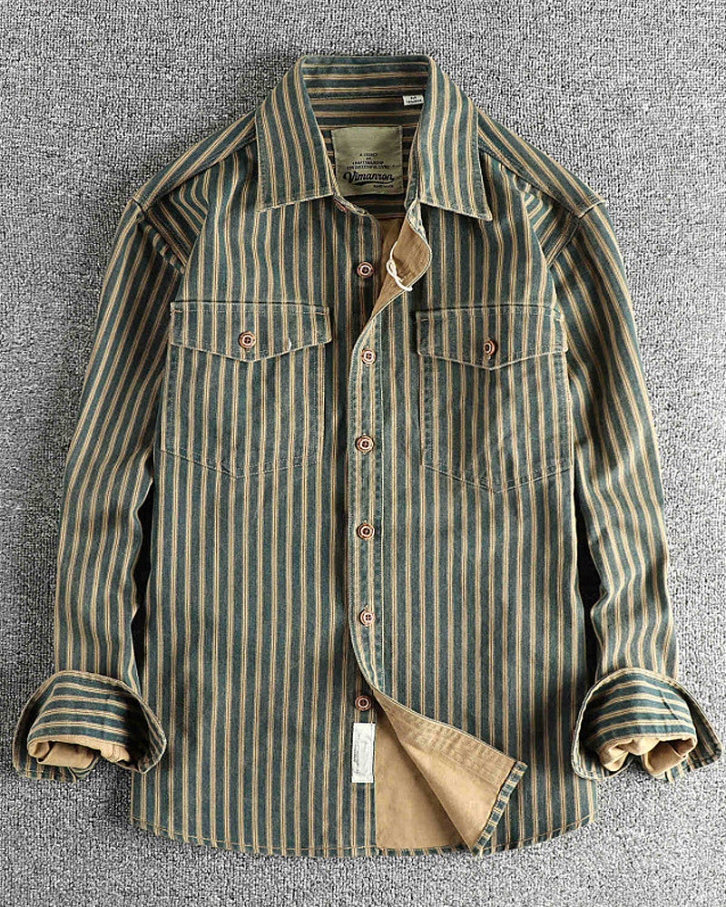 Retro Vertical Stripe Workwear Long-sleeve Shirt